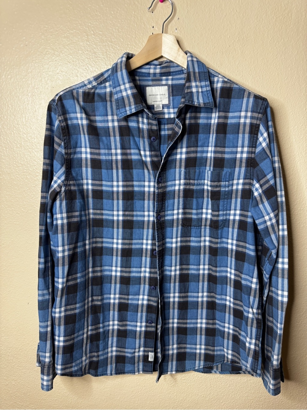 NWT American Eagle Men’s Super Soft Blue Plaid Button Down Shirt Size L